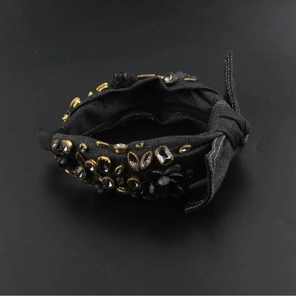 New! The “Baroque Cowboy” Rustic Denim And Rhinestone Bow Headband